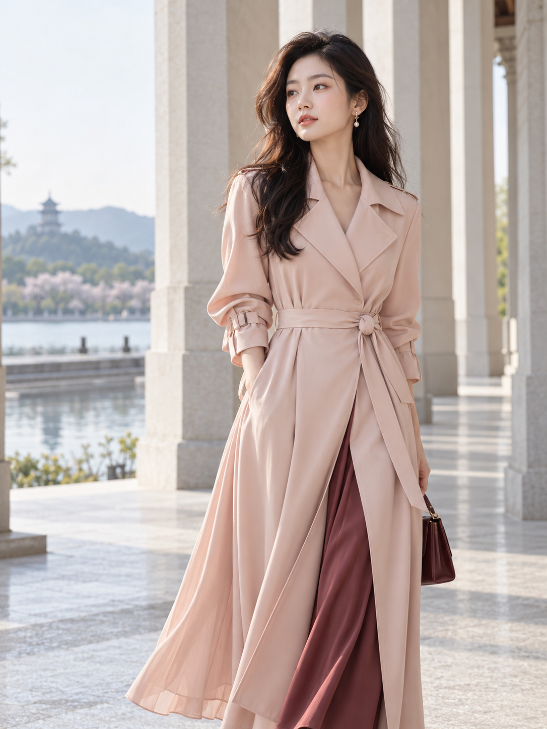 身着浅色风衣裙的女性模特