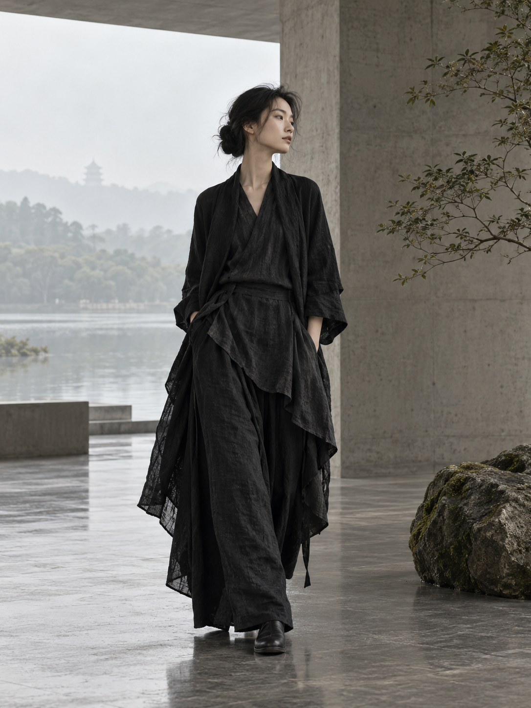 身着黑色层叠设计服装的女性模特